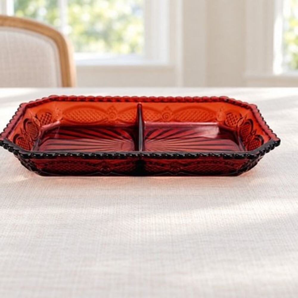 Vintage Avon 1876 Cape Cod Ruby Red Glass Divided Relish Tray Dish 9 3/8”